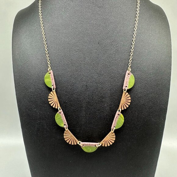 3/$30 Sunburst Pendant Necklace Gold Green Boho Geometric Link Statement 18" - Picture 2 of 10